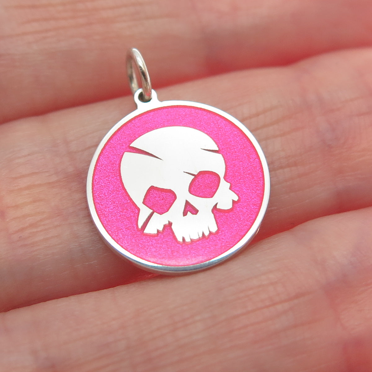 925 Sterling Silver Pink Enamel Pirate Skull Round Tag Minimalist Charm Pendant