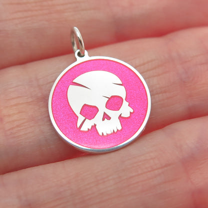 925 Sterling Silver Pink Enamel Pirate Skull Round Tag Minimalist Charm Pendant