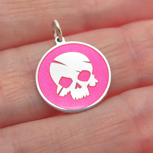 925 Sterling Silver Pink Enamel Pirate Skull Round Tag Minimalist Charm Pendant