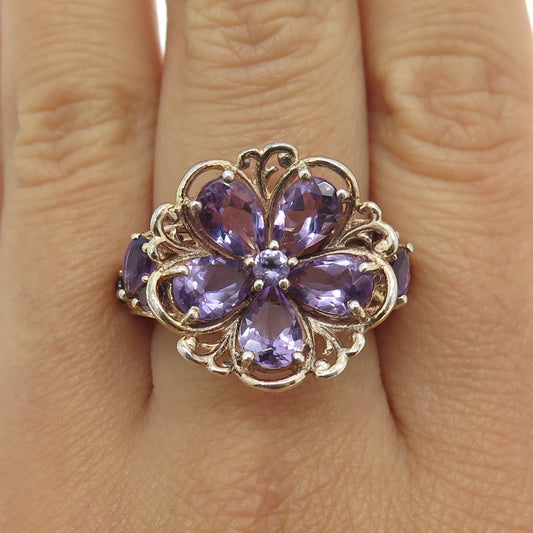 CHUCK CLEMENCY 925 Sterling Gold Plated Amethyst & Tourmaline Gem Ring Size 8.25