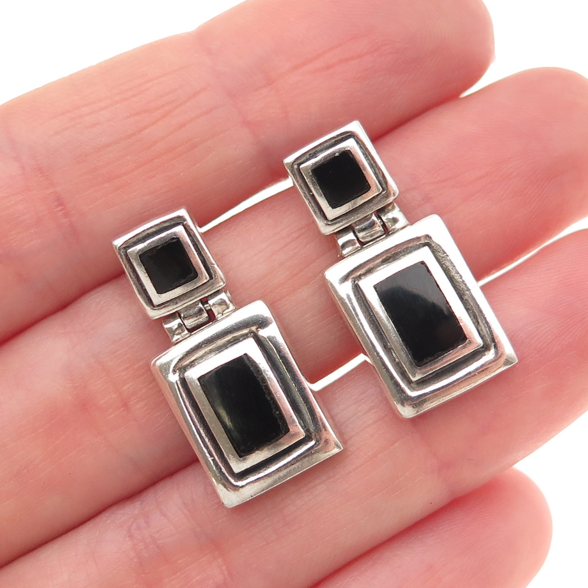 925 Sterling Silver Vintage Real Black Onyx Geometric Oxidized Earrings