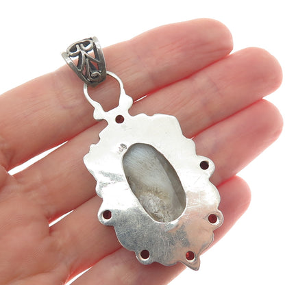 925 Sterling Silver Vintage Real Mother-of-Pearl & Red Garnet Oxidized Pendant
