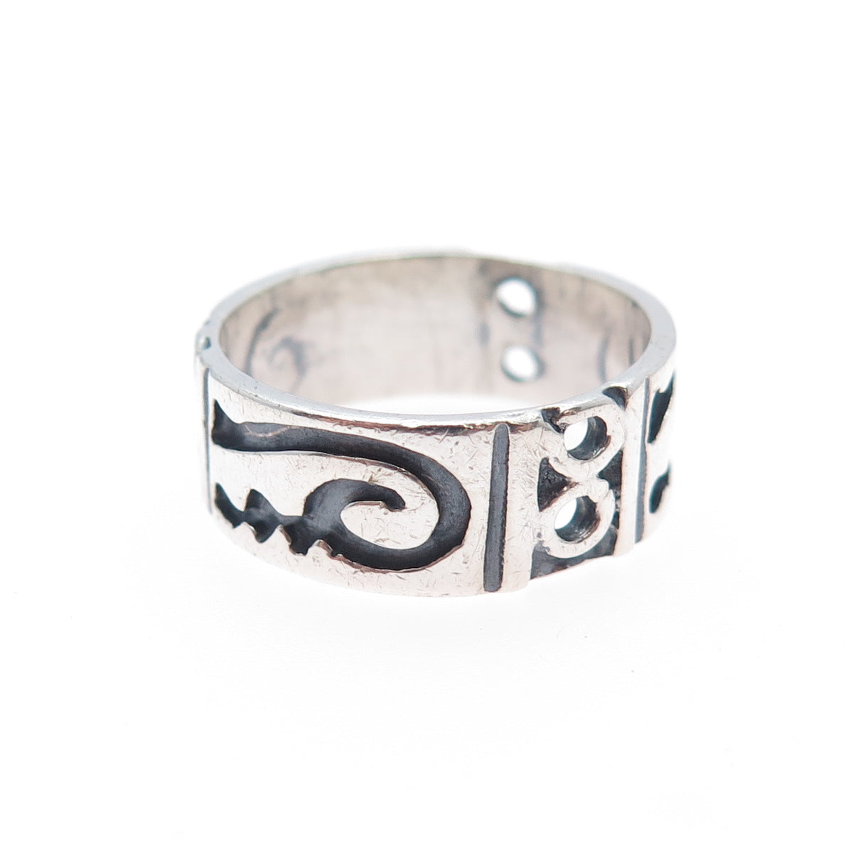 925 Sterling Silver Vintage Mexico Tribal Symbol Oxidized Band Ring Size 7.25