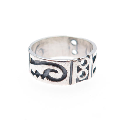 925 Sterling Silver Vintage Mexico Tribal Symbol Oxidized Band Ring Size 7.25