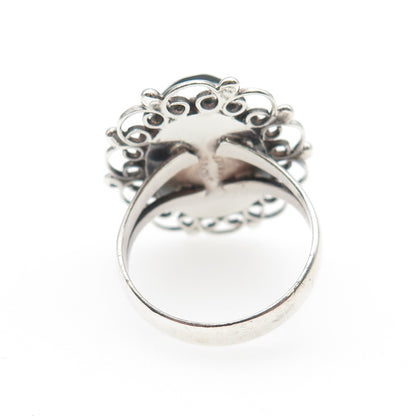 925 Sterling Silver Vintage Mexico Real Black Onyx Aztec God Ring Size 7.5