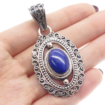 925 Sterling Silver Vintage Real Lapis Lazuli Gemstone Boho Ornate Pendant