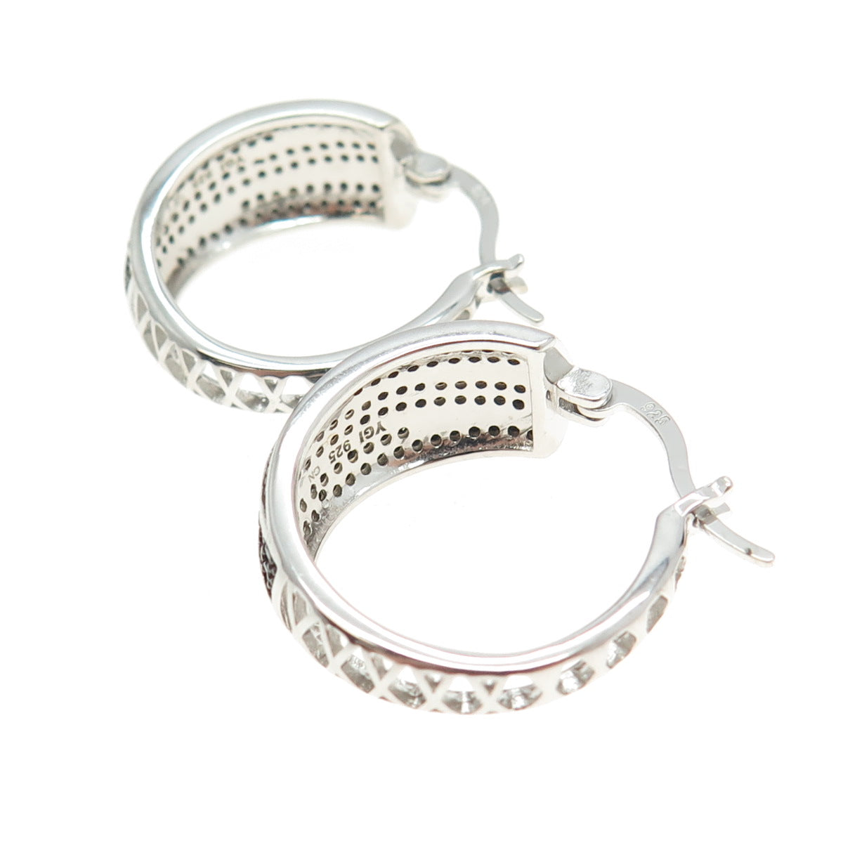 925 Sterling Silver Black C Z Hinged Hoop Earrings