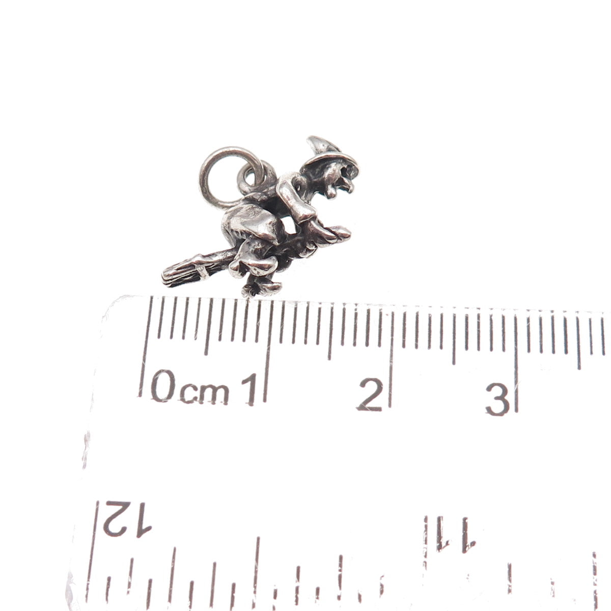 925 Sterling Silver Vintage Witch On Broomstick Oxidized 3D Charm Pendant