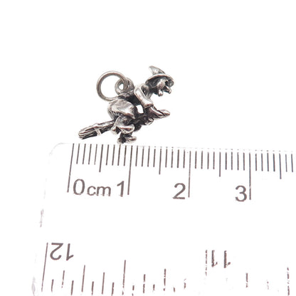 925 Sterling Silver Vintage Witch On Broomstick Oxidized 3D Charm Pendant