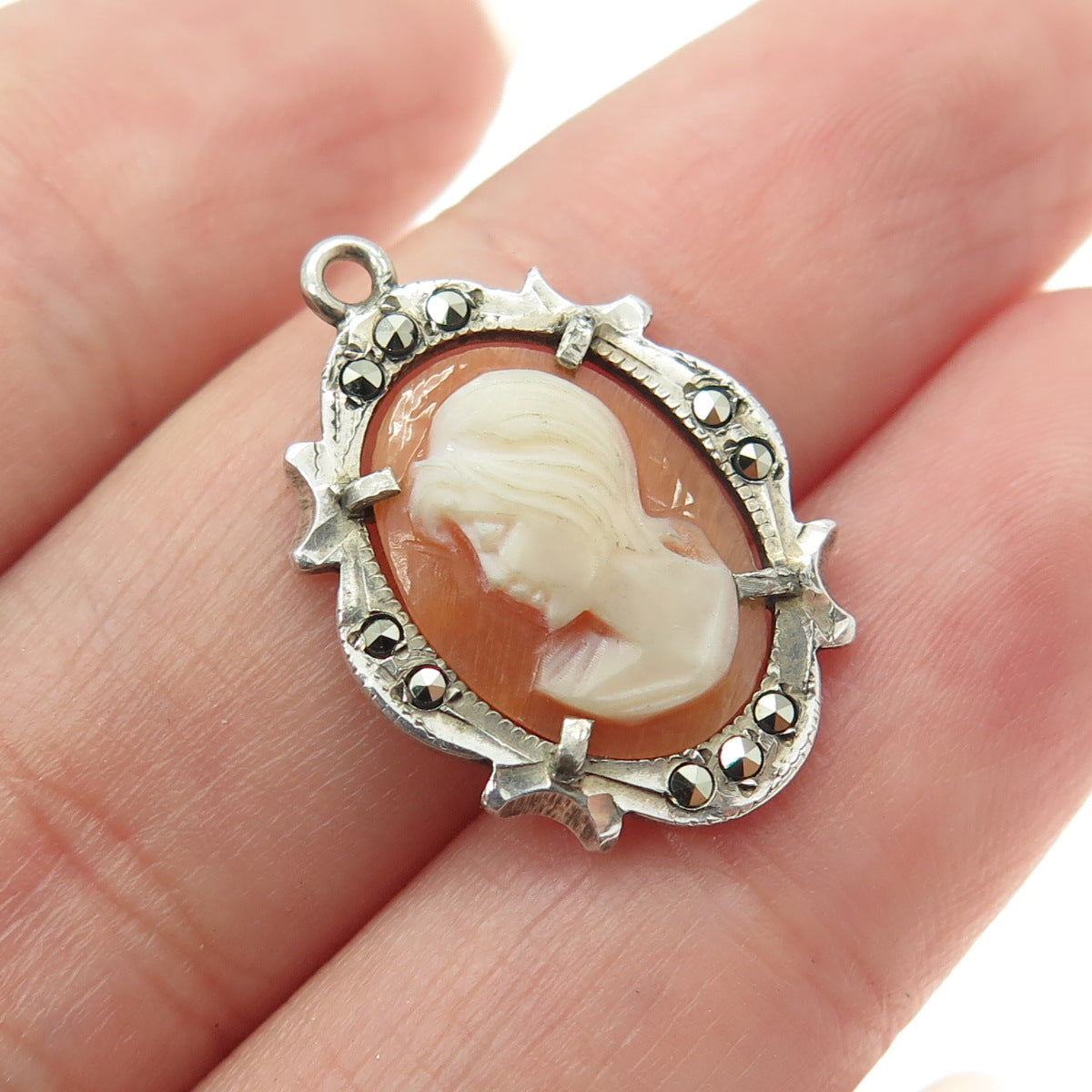 800 Silver Antique Art Deco Real MOP & Marcasite Carved Lady Cameo Pendant