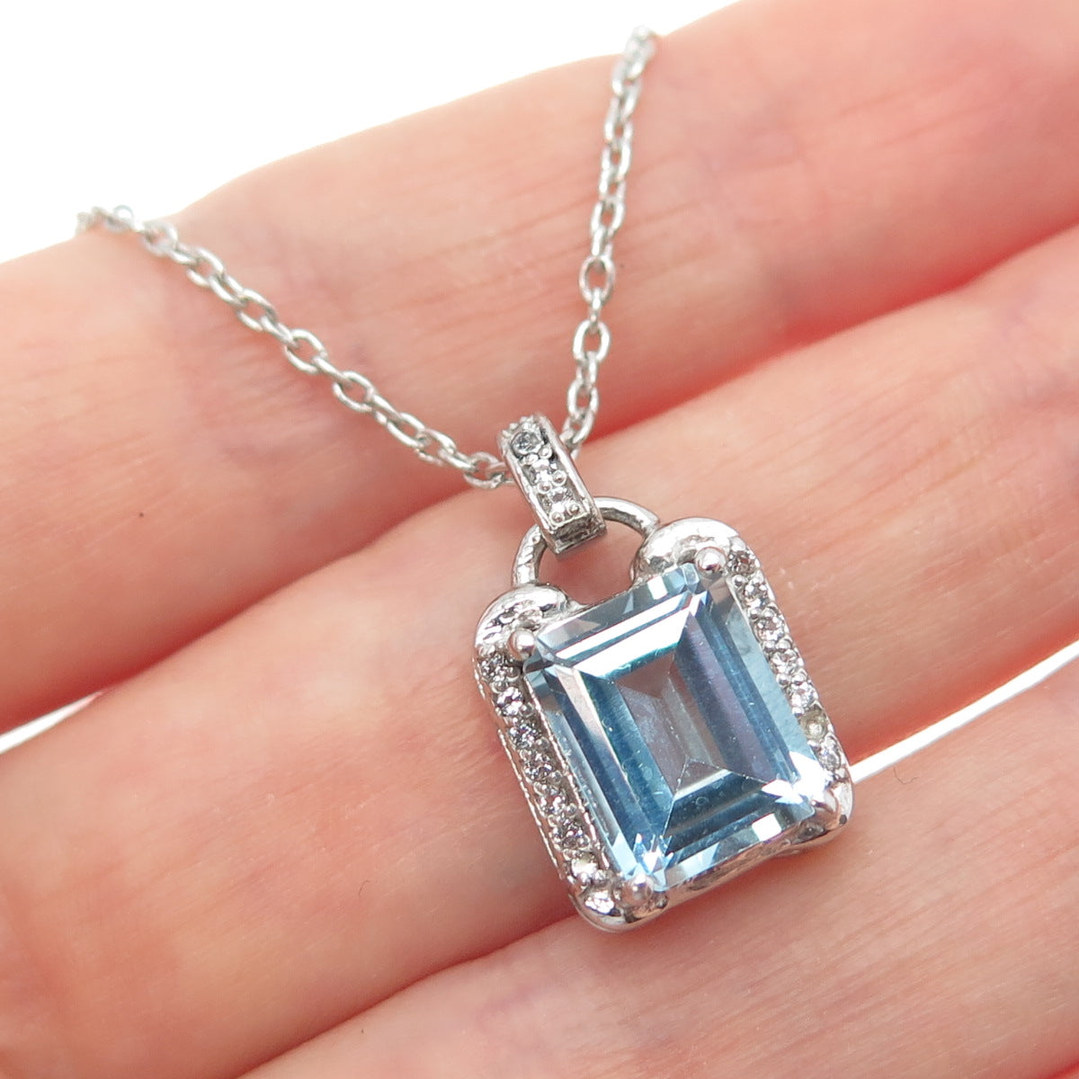 925 Sterling Silver Real Blue & White Topaz Cable Chain Necklace 18-20"
