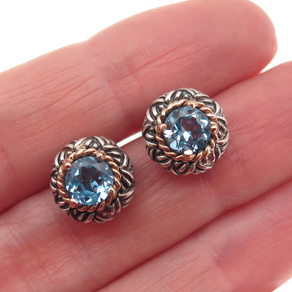 925 Sterling Silver 14K Gold Vintage Real Blue Topaz Oxidized Stud Earrings