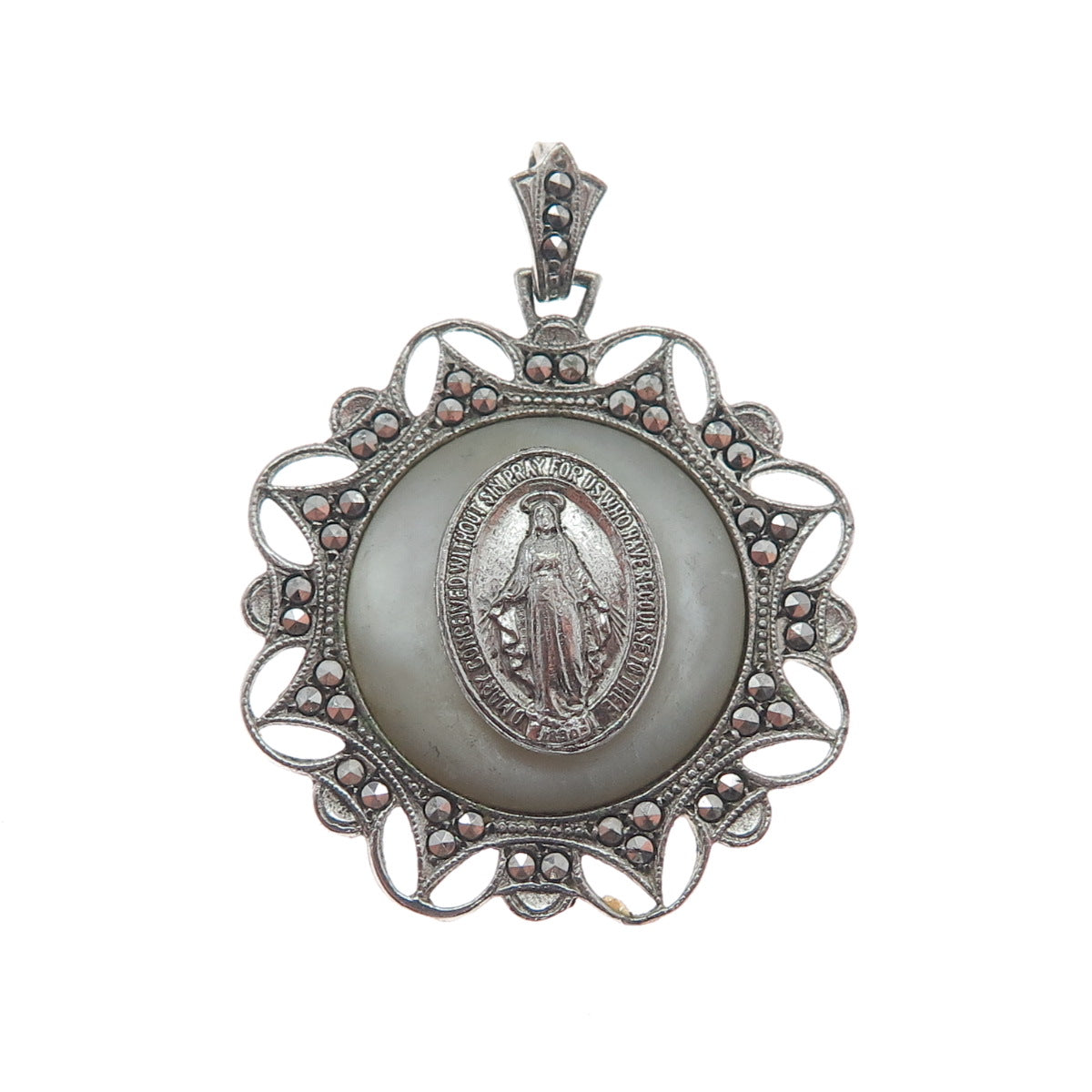 925 Sterling Silver Antique Real MOP & Marcasite Gem St. Mary Religious Pendant