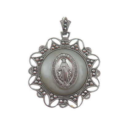 925 Sterling Silver Antique Real MOP & Marcasite Gem St. Mary Religious Pendant