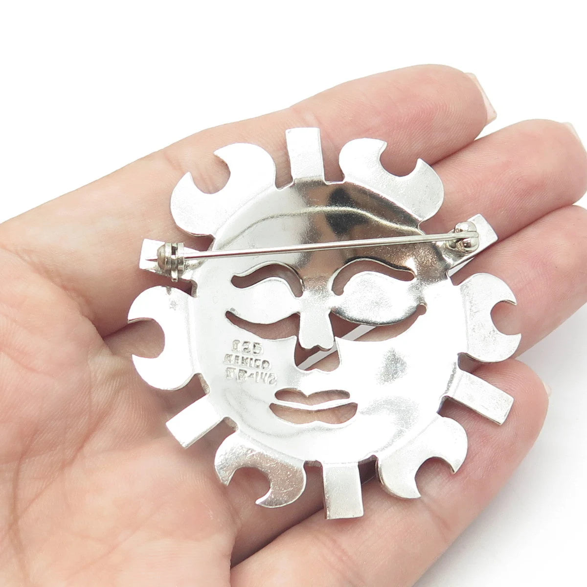 925 Sterling Silver Vintage Mexico Sun Face God Pin Brooch