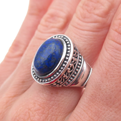 925 Sterling Silver Vintage Real Lapis Modernist Oxidized Ring Size 8