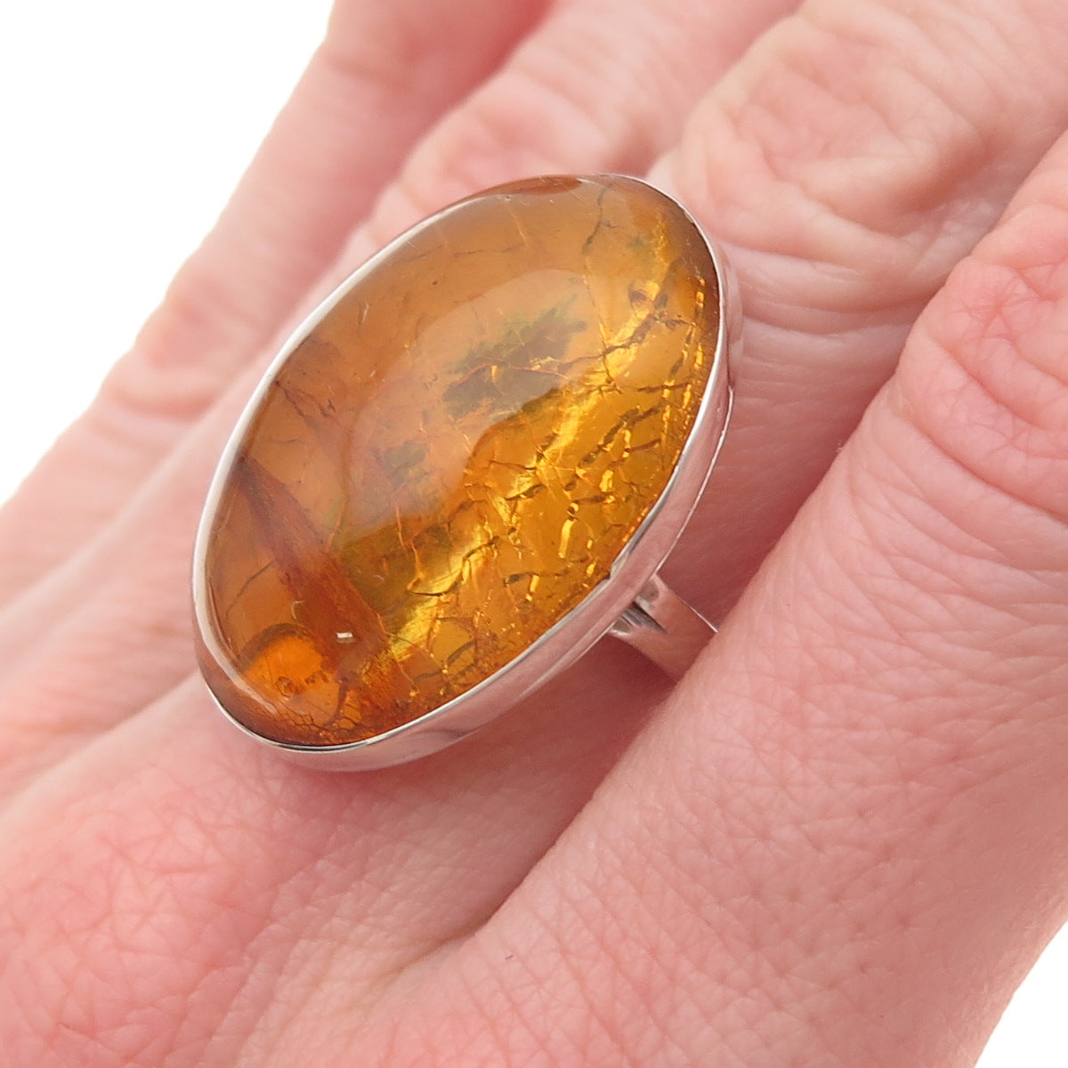 925 Sterling Silver Vintage Real Cabochon Amber Modernist Ring Size 7