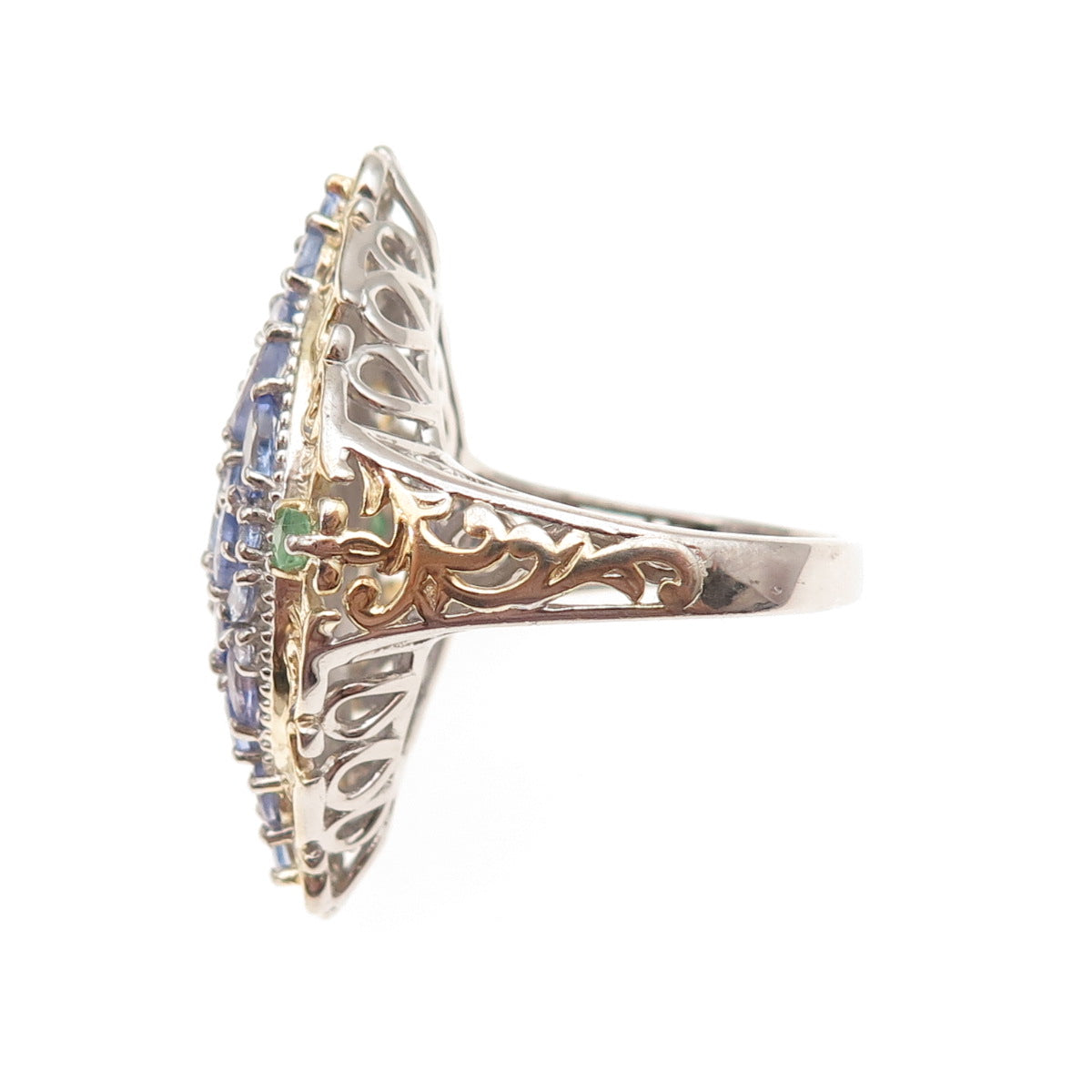 Chuck Clemency 925 Sterling Silver 2-Tone Real Tanzanite Emerald Ring Size 8.25