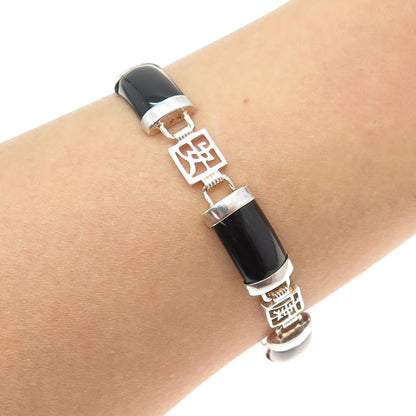 925 Sterling Silver Vintage Real Black Onyx Chinese Character Panel Bracelet 8"