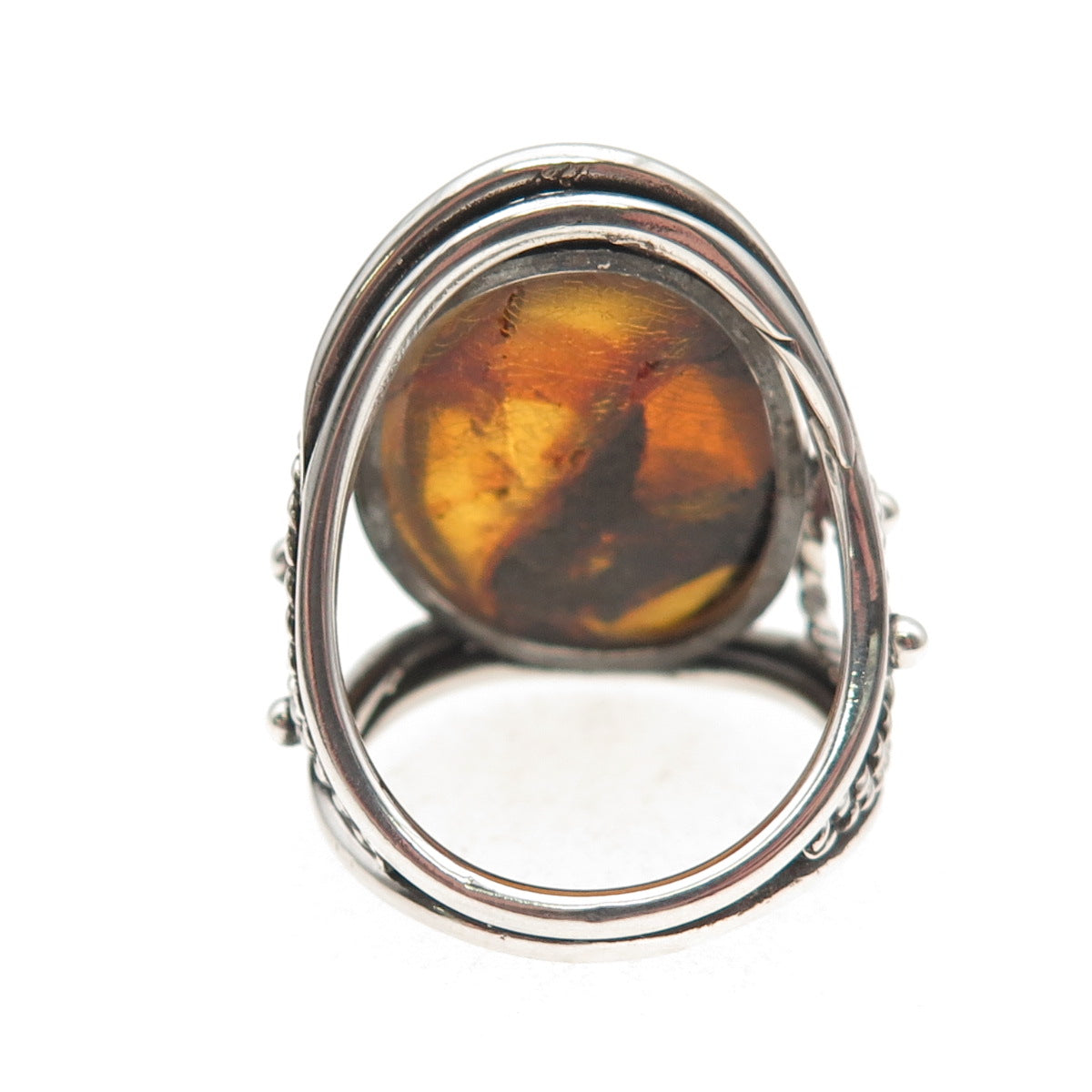 925 Sterling Silver Vintage Real Amber Modernist Oxidized Ring Size 9