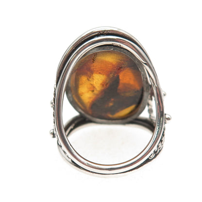 925 Sterling Silver Vintage Real Amber Modernist Oxidized Ring Size 9