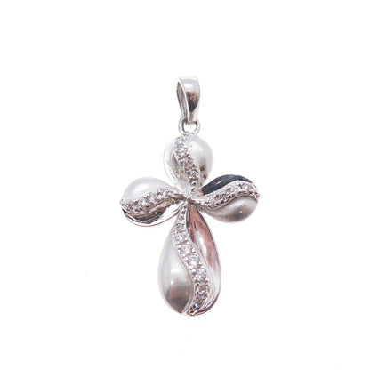 ROSS SIMONS 925 Sterling Silver Round-Cut C Z Floral Cross Charm Pendant
