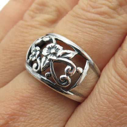 925 Sterling Silver Vintage Flower Blossom Oxidized Ring Size 7.25