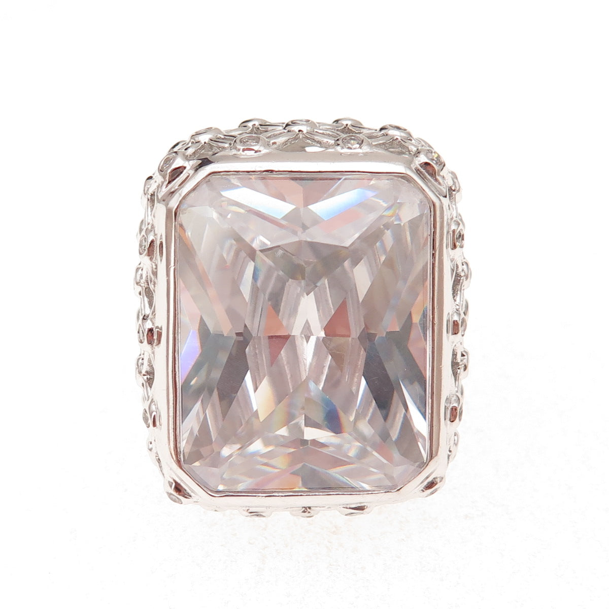 925 Sterling Silver Radiant & Round-Cut C Z Statement Ring Size 7