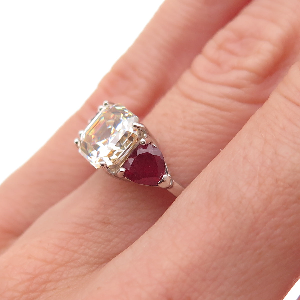 925 Sterling Silver Real Pear-Cut Ruby & Asscher-Cut C Z Ring Size 6