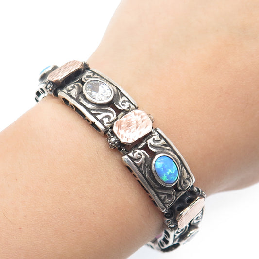 925 Sterling Silver 14K Rose Gold Vintage Real Opal & C Z Ornate Bracelet 7.75"