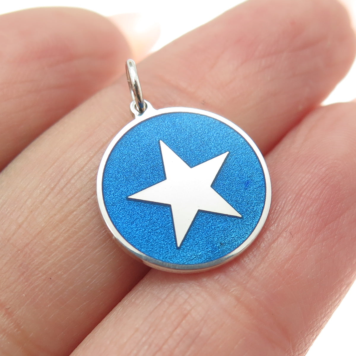 925 Sterling Silver Blue Enamel Star Minimalist Round Tag Charm Pendant