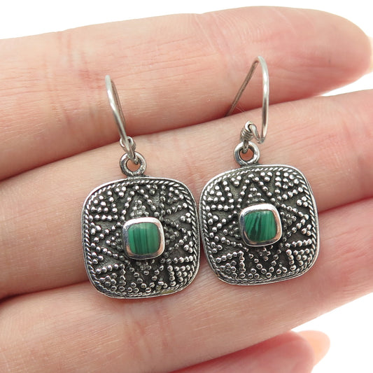 925 Sterling Silver Vintage Real Malachite Granulated Oxidized Dangle Earrings