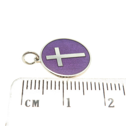 925 Sterling Silver Purple Enamel Cross Round Tag Minimalist Charm Pendant