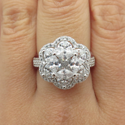 925 Sterling Silver Multi-Cut C Z Floral Ring Size 8.5