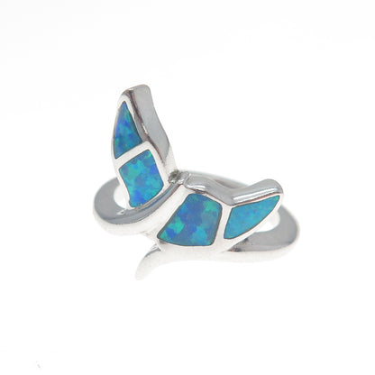 925 Sterling Silver Real Blue Opal Gemstone Whale's Tail Ring Size 6