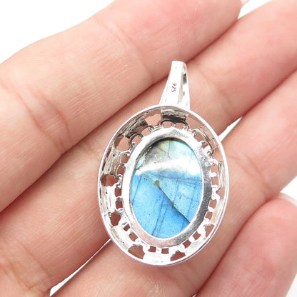 925 Sterling Silver Vintage Real Cabochon Labradorite Gem Swirl Oval Pendant
