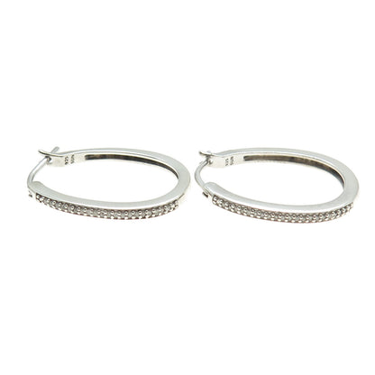 SUN 925 Sterling Silver Real Round-Cut Diamond Oval Hoop Earrings