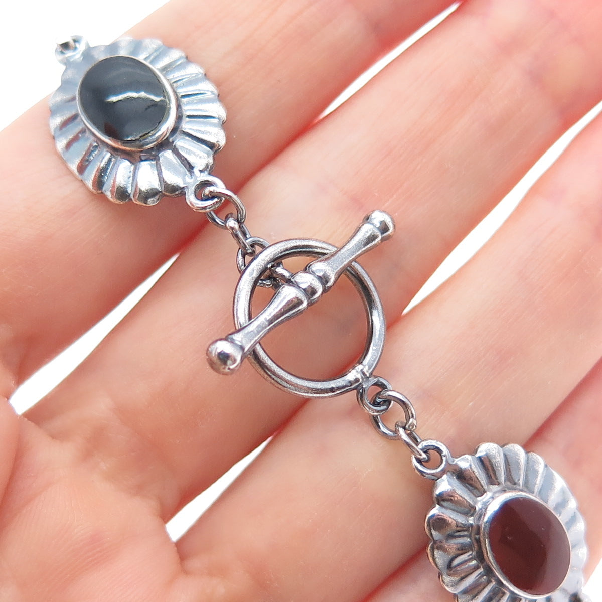 925 Sterling Vintage Turquoise Carnelian Black & Green Onyx MOP Bracelet 6.5"