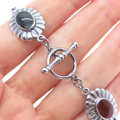 925 Sterling Vintage Turquoise Carnelian Black & Green Onyx MOP Bracelet 6.5"