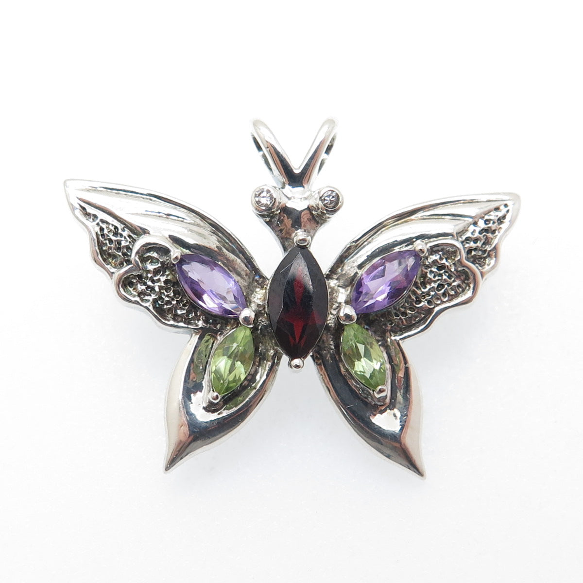 925 Sterling Vintage Real Peridot Amethyst Garnet & C Z Butterfly Brooch Pendant
