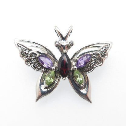 925 Sterling Vintage Real Peridot Amethyst Garnet & C Z Butterfly Brooch Pendant