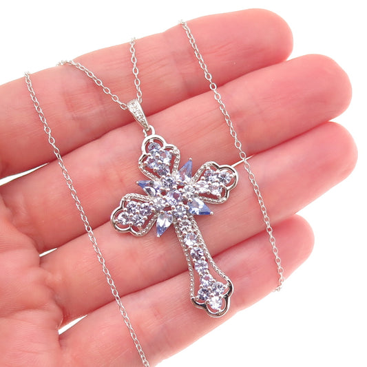 925 Sterling Silver Real Tanzanite & White Topaz Cross Cable Chain Necklace 18"