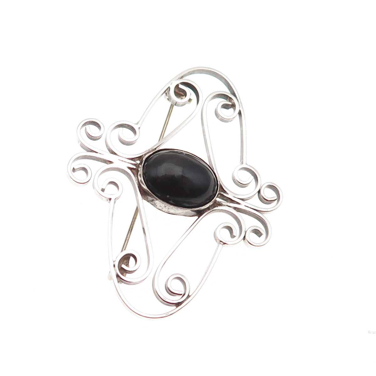 925 Sterling Silver Vintage Mexico Real Black Onyx Swirl Oxidized Pin Brooch