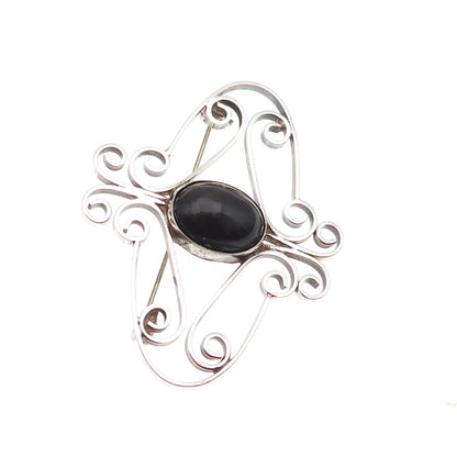 925 Sterling Silver Vintage Mexico Real Black Onyx Swirl Oxidized Pin Brooch