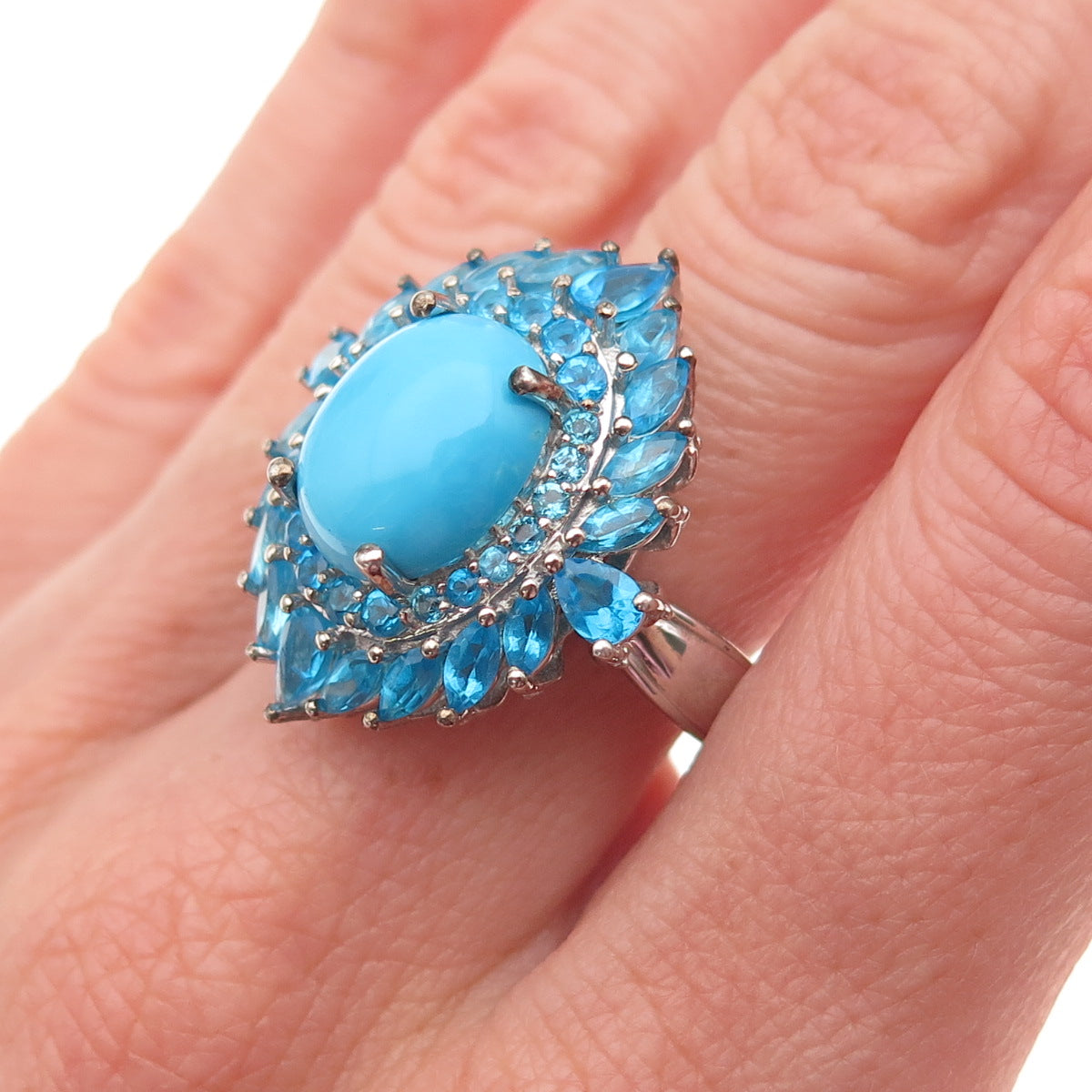 D'Joy 925 Sterling Silver Real Sleeping Beauty Turquoise & Apatite Ring Size 8