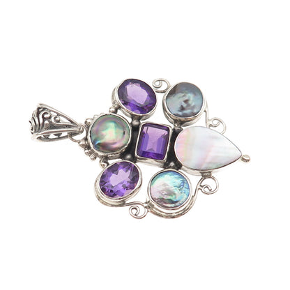 925 Sterling Silver Vintage Real Amethyst Pearl & MOP Modernist Cluster Pendant