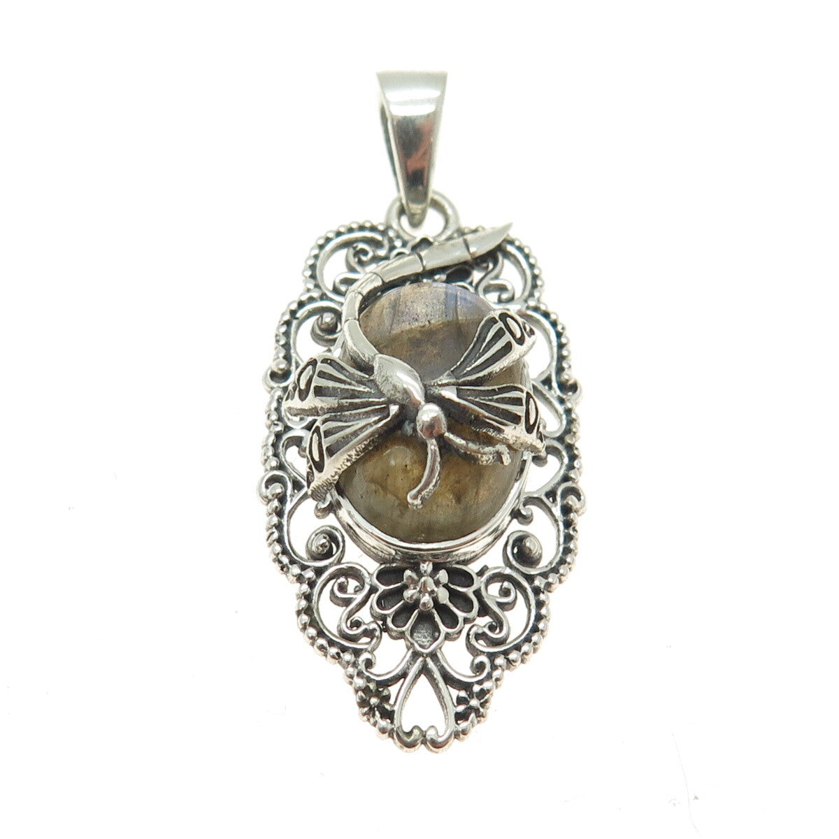925 Sterling Silver Vintage Real Labradorite Dragonfly Oxidized Pendant