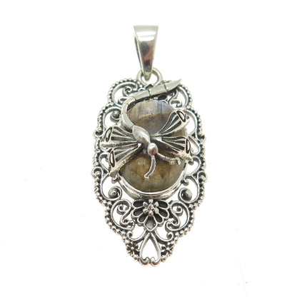 925 Sterling Silver Vintage Real Labradorite Dragonfly Oxidized Pendant