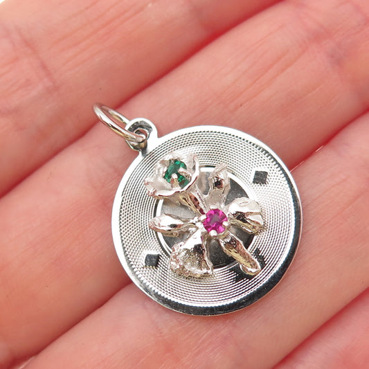 925 Sterling Silver Vintage Multi-Color Rhinestone Flower Charm Pendant