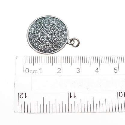 925 Sterling Silver Vintage Mayan Calendar Oxidized Charm Pendant